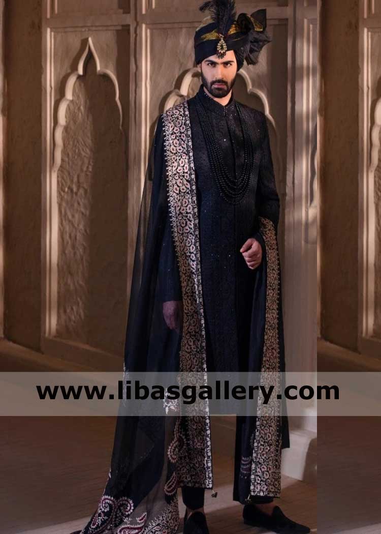 Men Embroidered Shawl to wear on sherwani in black color with heavy intricate embroidery on 4 sides border by thread London Cardiff Bristol UK