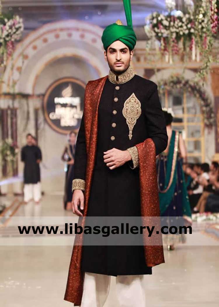 Omar Shahzad Groom Designer Wedding Shawl in Dark Rust Color for Nikah Barat  day Royal Men Shawl Designs available fast postage UK USA Dubai Australia Canada
