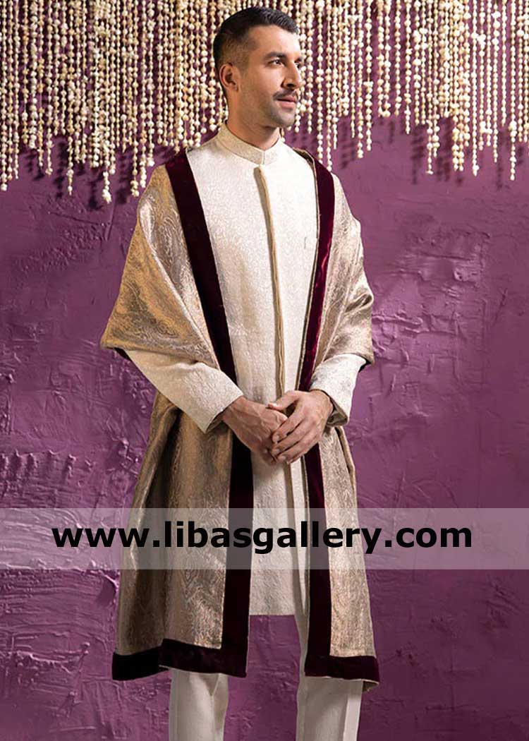 Gold Atlas Jamawar Royal Men Wedding Shawl with Maroon Velvet Applique on 4 sides Border to give it nice look Miami Florida Chicago Washington USA
