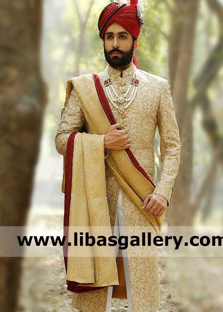 Groom Gold Jamawar Shawl for Royal Wedding Nikah Event to wear on Lord Style Sherwani London Birmingham Liverpool UK