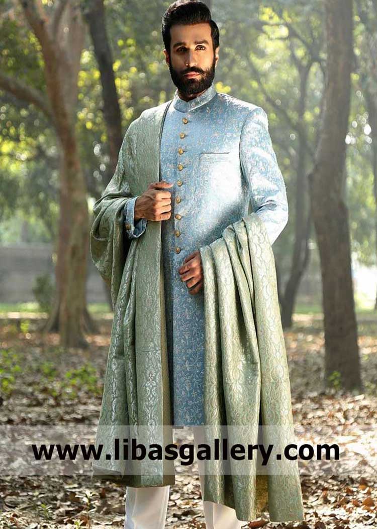 Beautiful Atlas Jamawar Royal Wedding Shawls for Groom available in colors on order to wear on Wedding Sherwani Perth Oslo Dubai Chicago Toronto