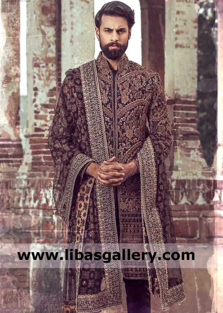 Heavy Embroidered Midnight Blue Groom Premium Wedding Shawl to Cover Nikah Event with Passion and Fun Nottingham Sheffield Bristol UK