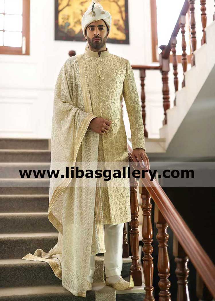 Sheheryar Munawar in Off White heavy stitches Embroidered Wedding Shawl for Men Nikah and corners decorated with Fancy embroidered  Gold lace  UK USA Canada UAE