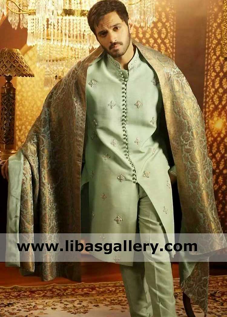 Wahaj Ali Glamorous look in Atlas Jamawar light Green Wedding Shawl matching to Sherwani Color