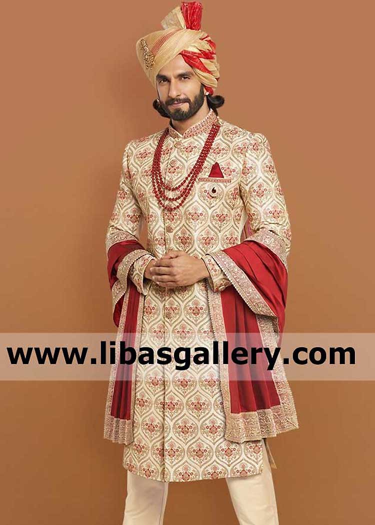 Maroon Embroidered Premium Groom Wedding Shawl Ranveer Singh Actor Wearing with Designer Sherwani Plano Westminster Montreal Dubai Perth