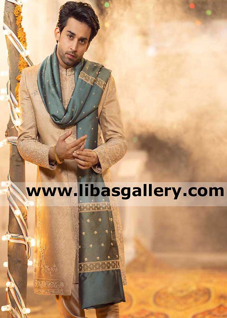 Bilal Abbas in Latest Embellished Self Jamawar Men Wedding Shawl in Dark shade for Mehndi and Wedding Event Arizona Sugarland Pennsylvania Florida USA
