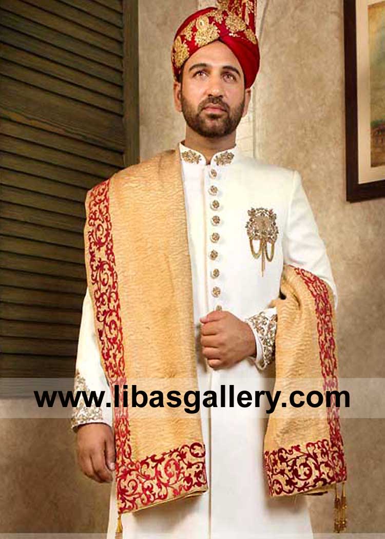 Gold Jamawar Men Shawl with Gold Intricate Embroidery on 4 side borders by thread on Maroon Applique Qatar Kuwait Saudi Arabia Dubai UK USA