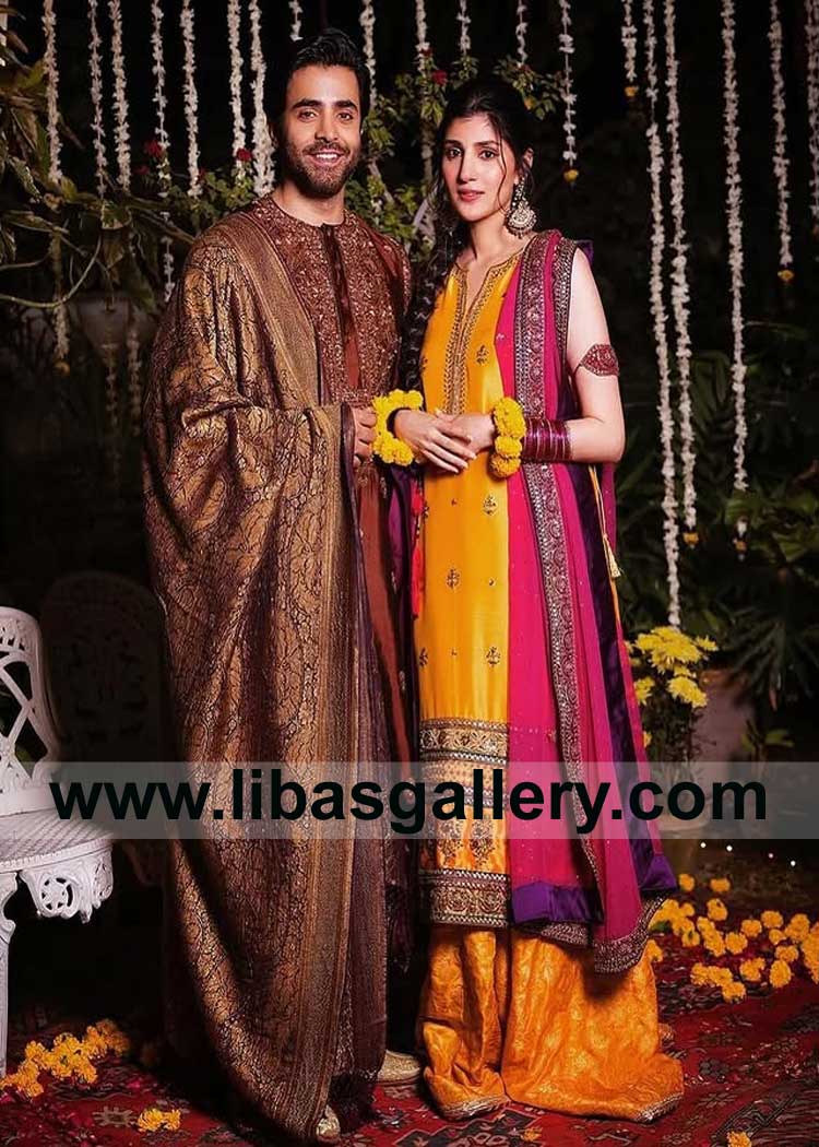 Jamawar Royal type dark shade wedding shawl Sheheryar Munawar wearing on Sangeet Night with bride maheen Chicago Perth London Dubai Montreal