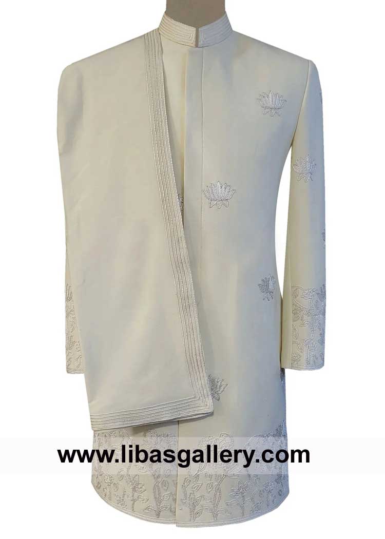 Off White Karandi Groom Sherwani Shawl for Nikah Barat day with finest thread embroidery on borders UK USA Canada Australia Dubai Qatar Kuwait