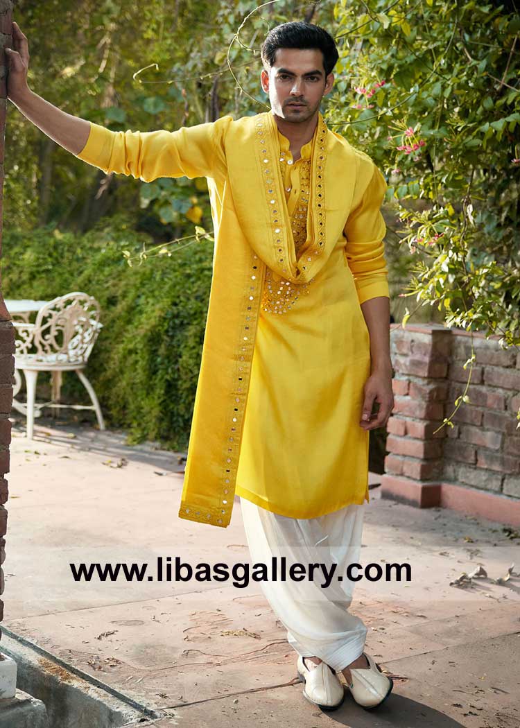 Yellow Embroidered Shawl for Men Wedding Mehndi Haldi Event with Embroidery borders and Mirror placement UK USA Canada Australia Dubai Qatar