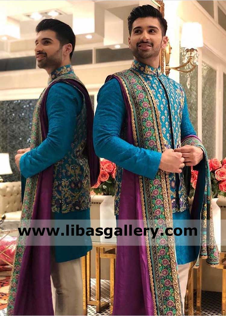 Magenta Colorful Embroidered Men Shawl for Mehndi Sangeet Night Event Muneeb Butt Posing in front of mirror Birmingham Fayetteville Carson City USA