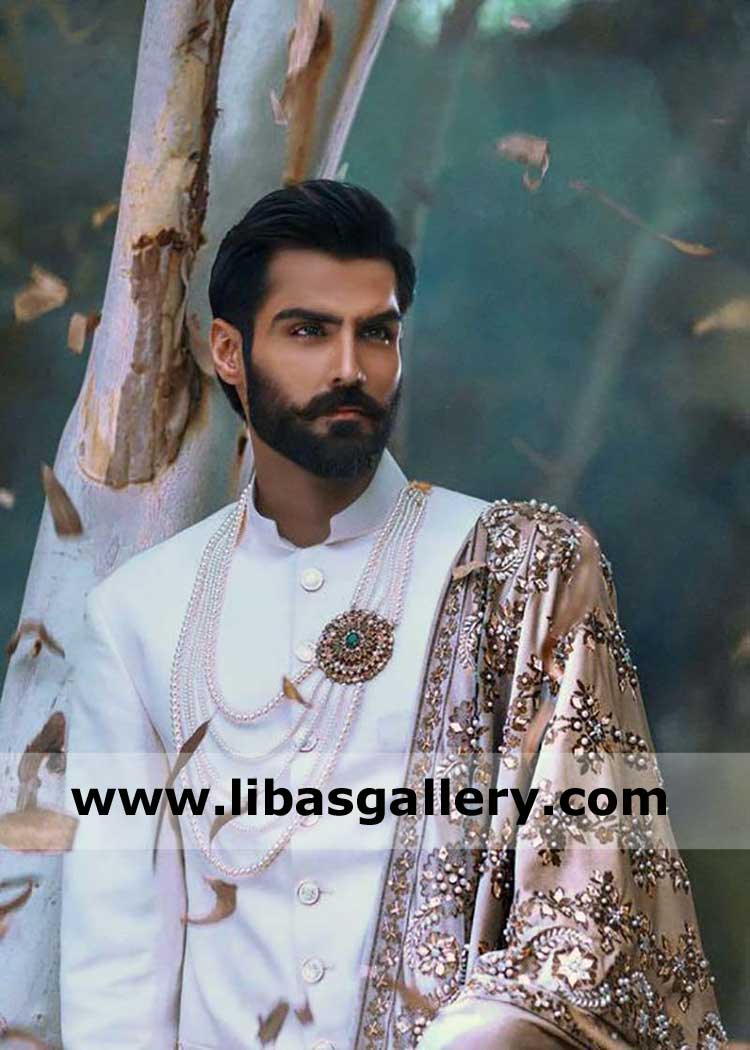 Hasnain Lehri Wearing hand Embellished Men Shawl decorate with Pearl Beads and Thread Embroidery Best Article for Nikah and Sangeet night Toronto London Dubai Washington Sydney