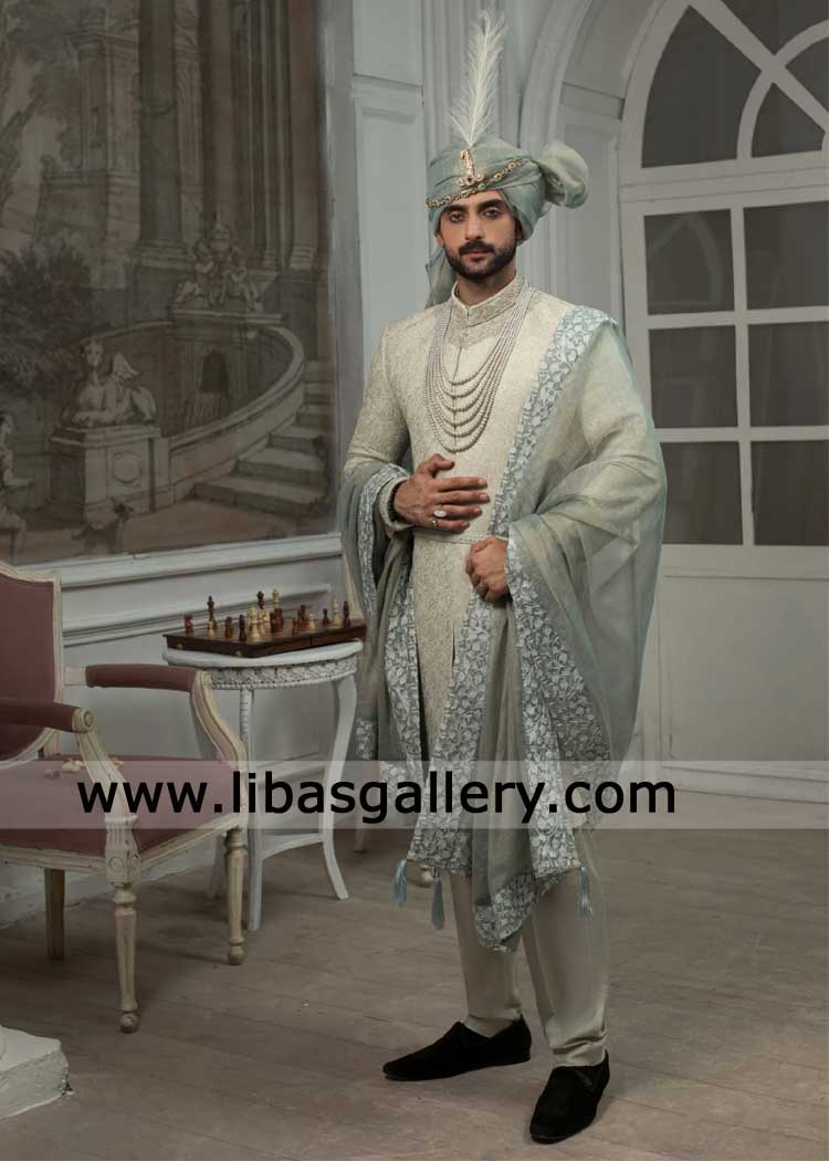 Groom Mist Green Embroidered Sherwani with heavy elegant hand embellishment according to Nikah UK USA Canada Dubai Australia
