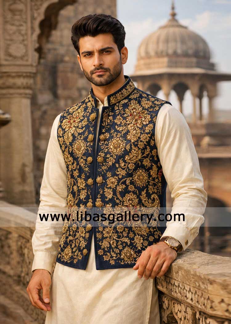 Midnight Blue Waistcoat with intricate golden floral hand embroidery paired with white kurta and trouser for a stylish look UK Dubai USA Australia