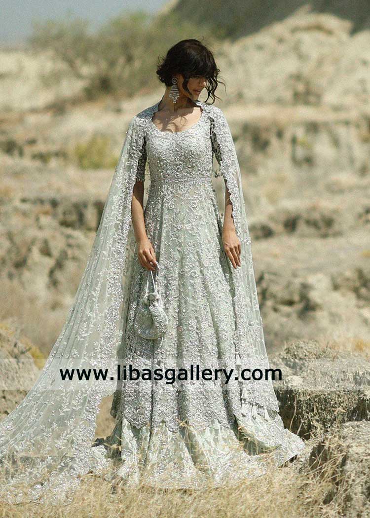 Icy Mint Bridal Peshwas with Lehenga & Dupatta | Hand Embellished Zardozi Wedding Dress