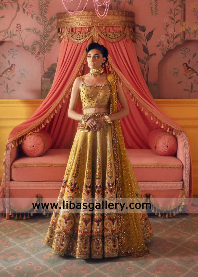 lehenga Choli-Mustard in raw silk hand embellished for mehndi