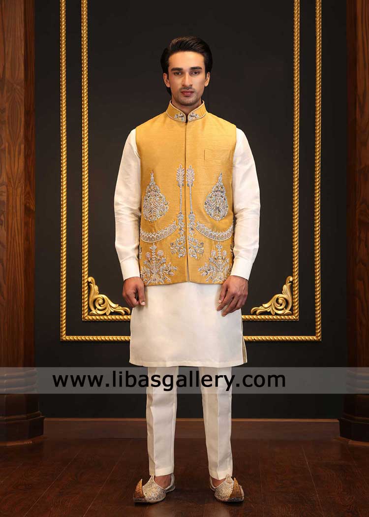 Mustard waistcoat with silver embroidery for groom wedding celebration paired white kurta pajama Denver Oklahoma Washington USA Mustard waistcoat with silver embroidery for groom wedding celebration paired white kurta pajama Denver Oklahoma Washington USA