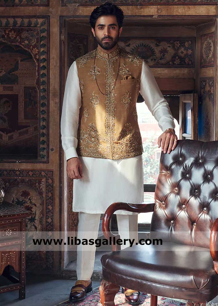 Mustard waistcoat for men with inner, occasion embroidered musatard waistcoat with white kurta pajama 