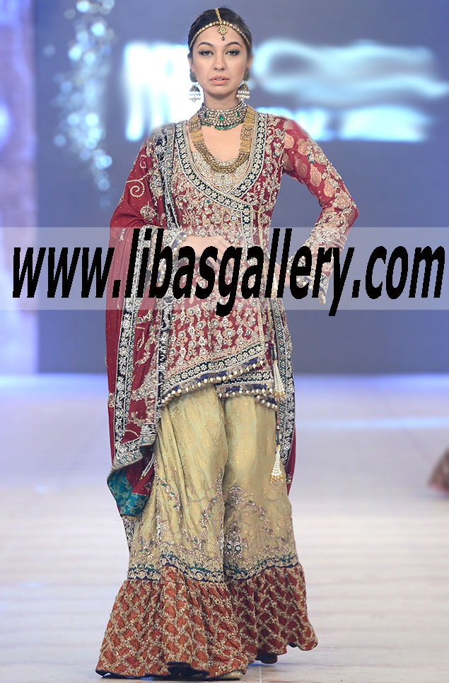 Shopping for Nickie Nina 2015 Latest Wedding Dress with Gharara at Stunning Embellished sleeve Gharara wedding dress 2015,New marriage design wedding dress in UK USA Canada Australia Saudi Arabia