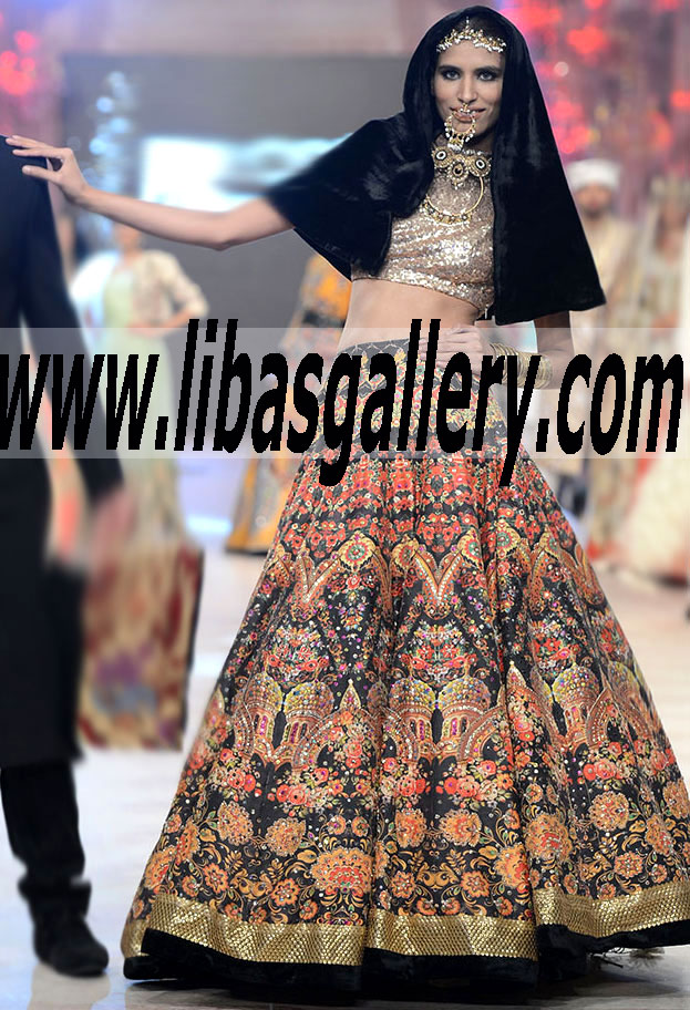 Ali Xeeshan rich bridal Lehenga collection is shown during PFDC L`Oreal Paris haute couture week Can Can wedding lehngas, bridal lehengas, lehenga choli and traditional bridal lehngas in Paris France 