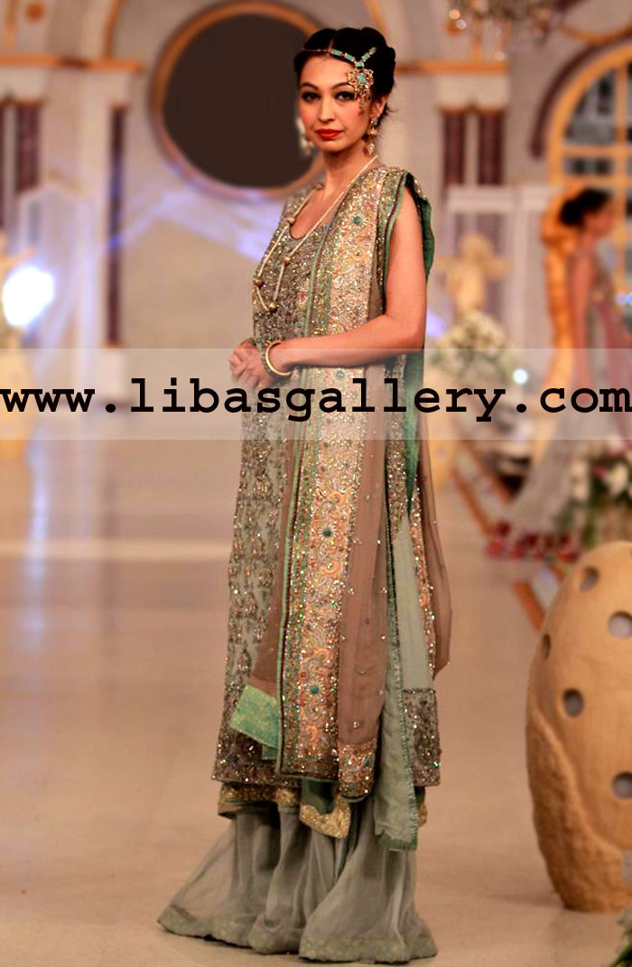 Designer Wedding Gharara Dress with Heavy Dupatta Designer Shazia`s Bridal Gallery Wedding Gharara UK USA Canada Australia Norway Sweden Designer Shazia Kiyani Wedding Gharara UK USA Canada Australia Norway Sweden - Pantene Bridal Couture Week 2013