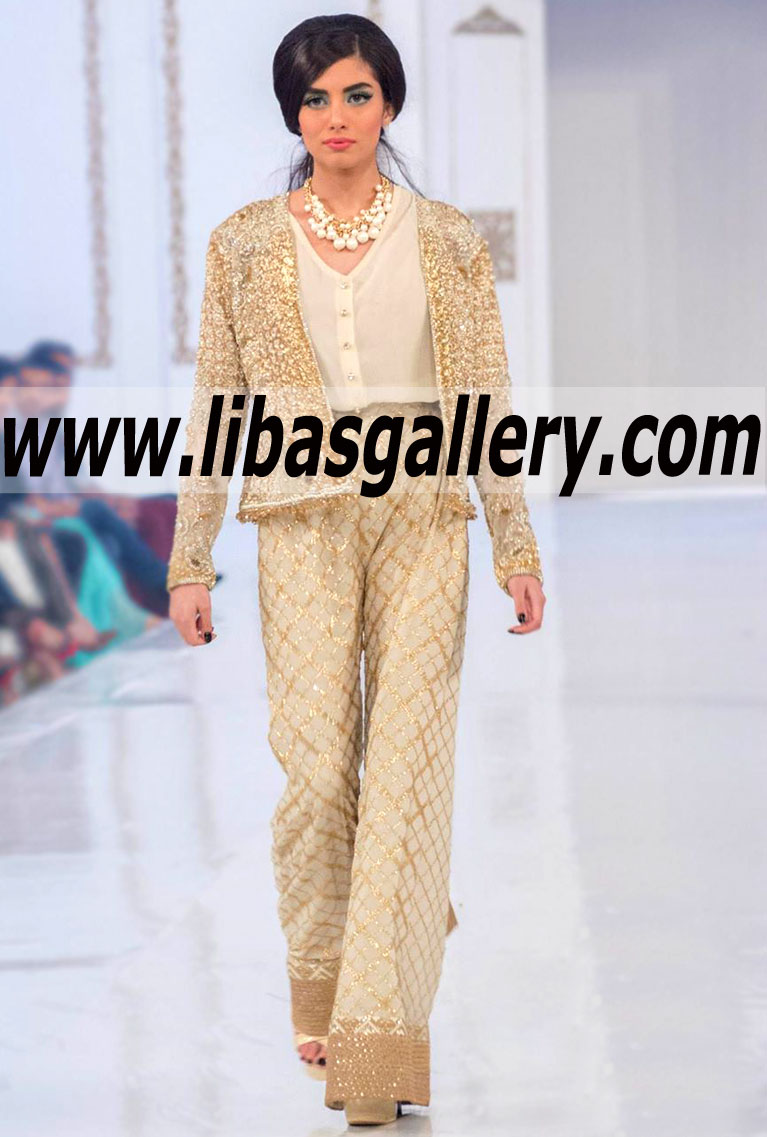 Designer Wedding Jumpsuit Dress with Heavy embellished Trouser from Designer Faraz Manan`s `Lyallpur` Collection, Wedding Dresses UK USA Canada Australia Norway Sweden Designer Faraz Manan Bridal Collection UK USA Canada Australia Norway Sweden Bridal Sho