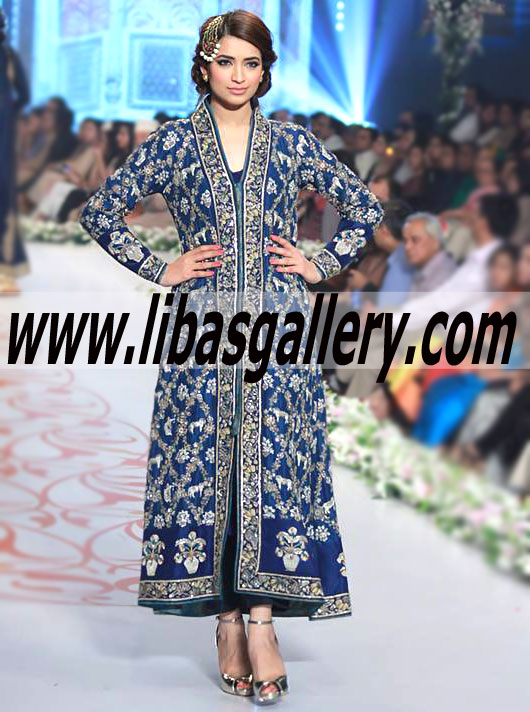 Nida Azwer Latest Front Open Embroidered Gown For Wedding and Parties 2014-2015 San Antonio Texas Decent Gown Outfits For Wedding & Parties By Pakistani Top Designer Nida Azwer Madison Avenue New York City