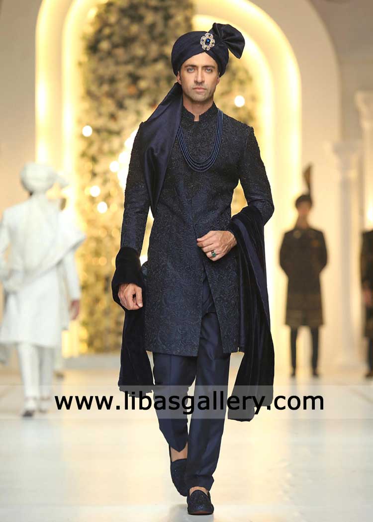 Navy blue heavy embroidered Groom Sherwani for Wedding with Velvet Shawl matching shoes and inner suit UK USA Canada Dubai Australia