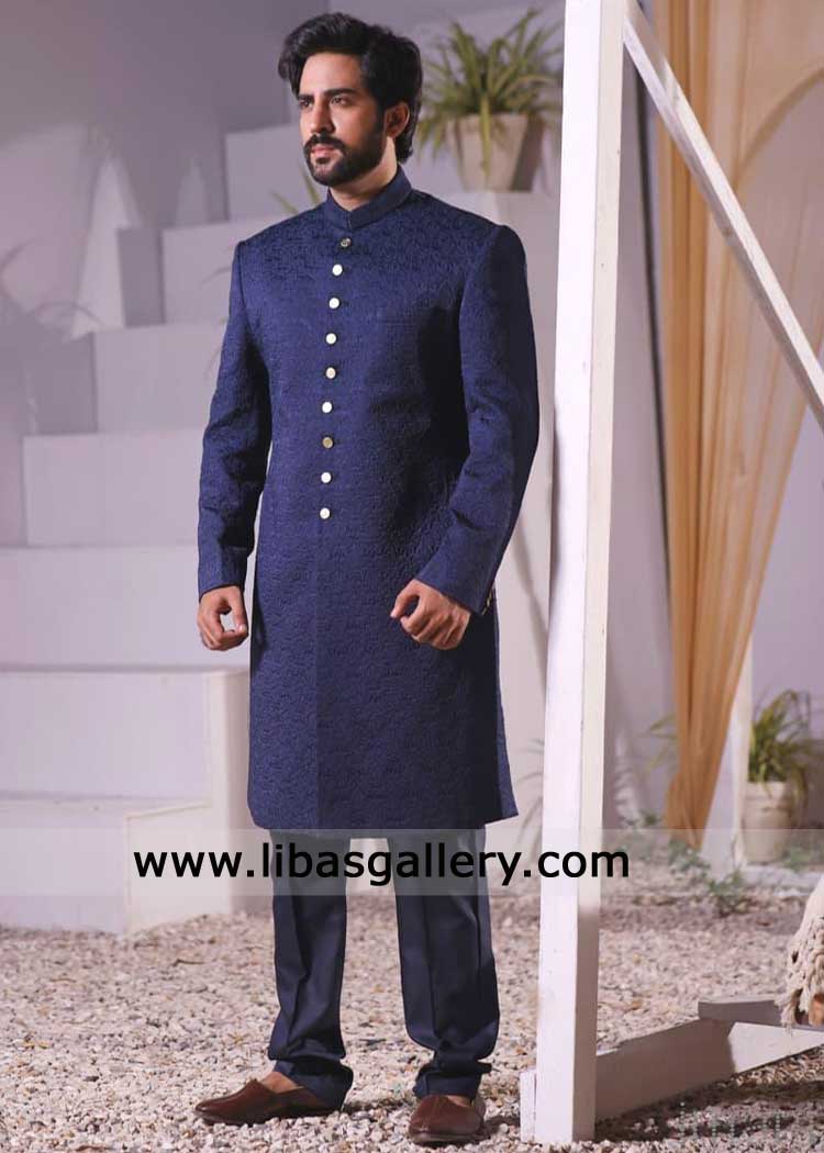 Luxury Navy Blue Pakistani Sherwani with Floral Geometric Embroidery, Blue Wedding Sherwani embroidered for Men Luxury Navy Blue Pakistani Sherwani with Floral Geometric Embroidery, Blue Wedding Sherwani embroidered for Men