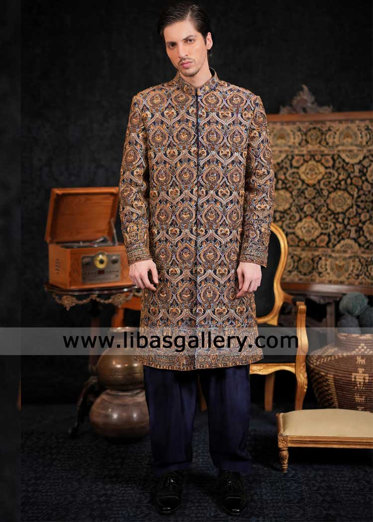 Navy Blue Groom wedding Sherwani with gold and bronze thread hand work on mughal inspired motifs Seattle Boston Illinois USA