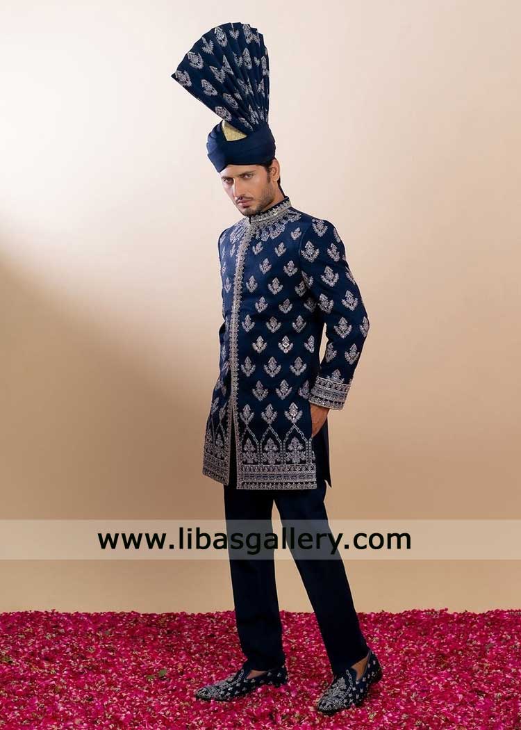 Paksitani Navy Blue Groom Sherwani Florida USA for Nikah with Turbzn Paksitani Navy Blue Groom Sherwani Florida USA for Nikah with Turbzn