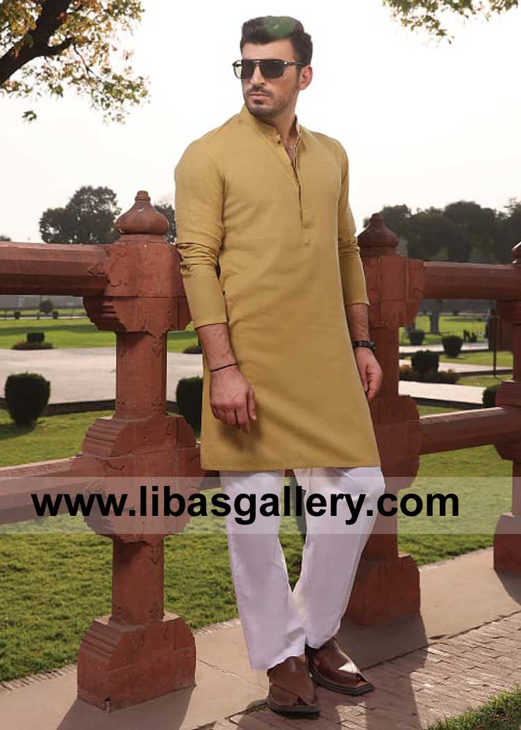 Men Yellow kurta style for Eid with White Aligarh Trouser buy kurta with round sleeves and small collar online UK USA Dubai Australia Canada