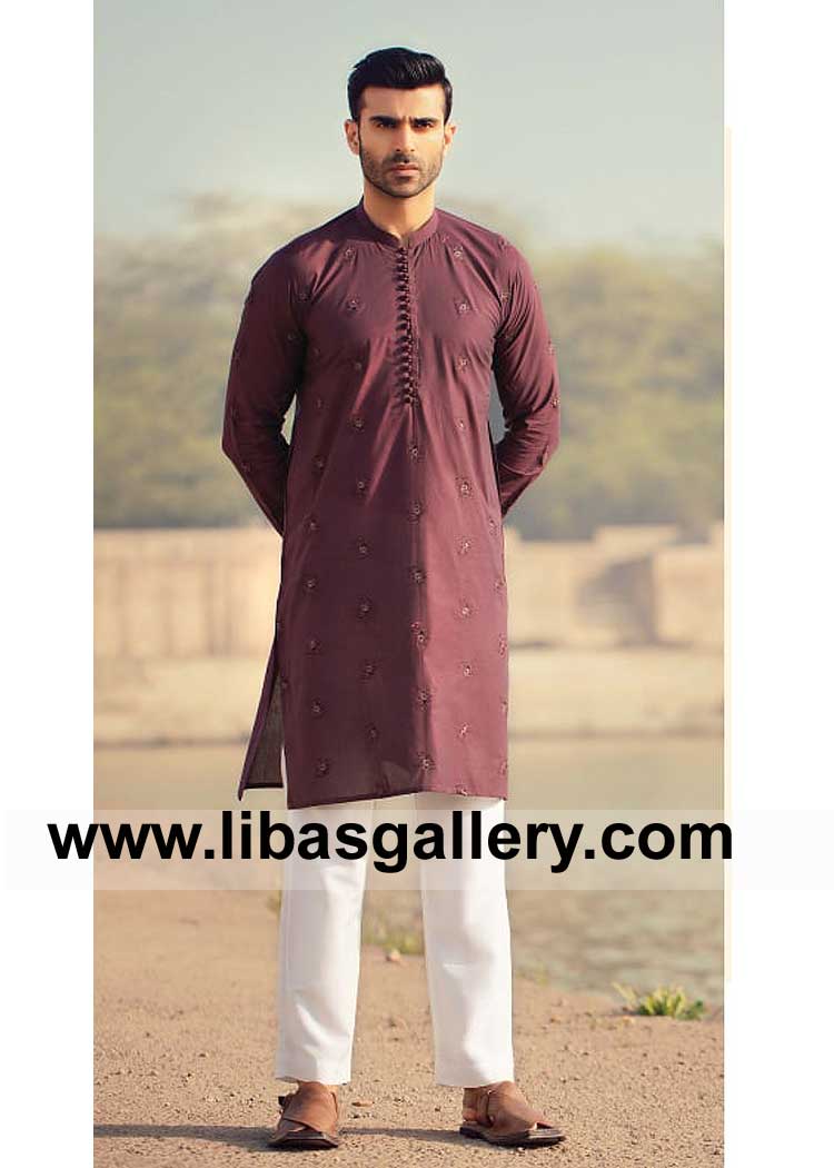Loop Buttons Embroidered Small Motifs Kurta for Men with White Pajama enjoy Eid and Jumma prayer in soft fabric kurta pajama dress dubai,abu dhabi,sharjah,ajman