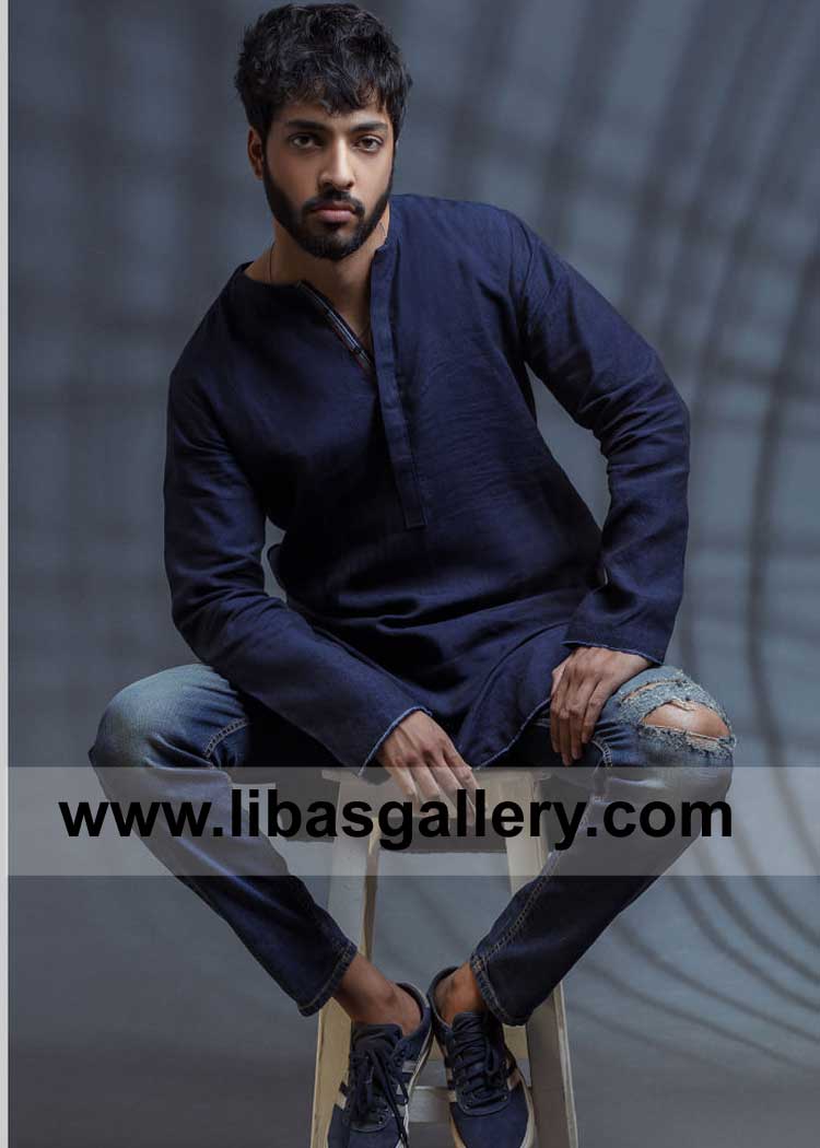 comrade style blue wash n wear fabric men kurta for Eid and occasion to wear with pajama or denim pants UK USA Canada