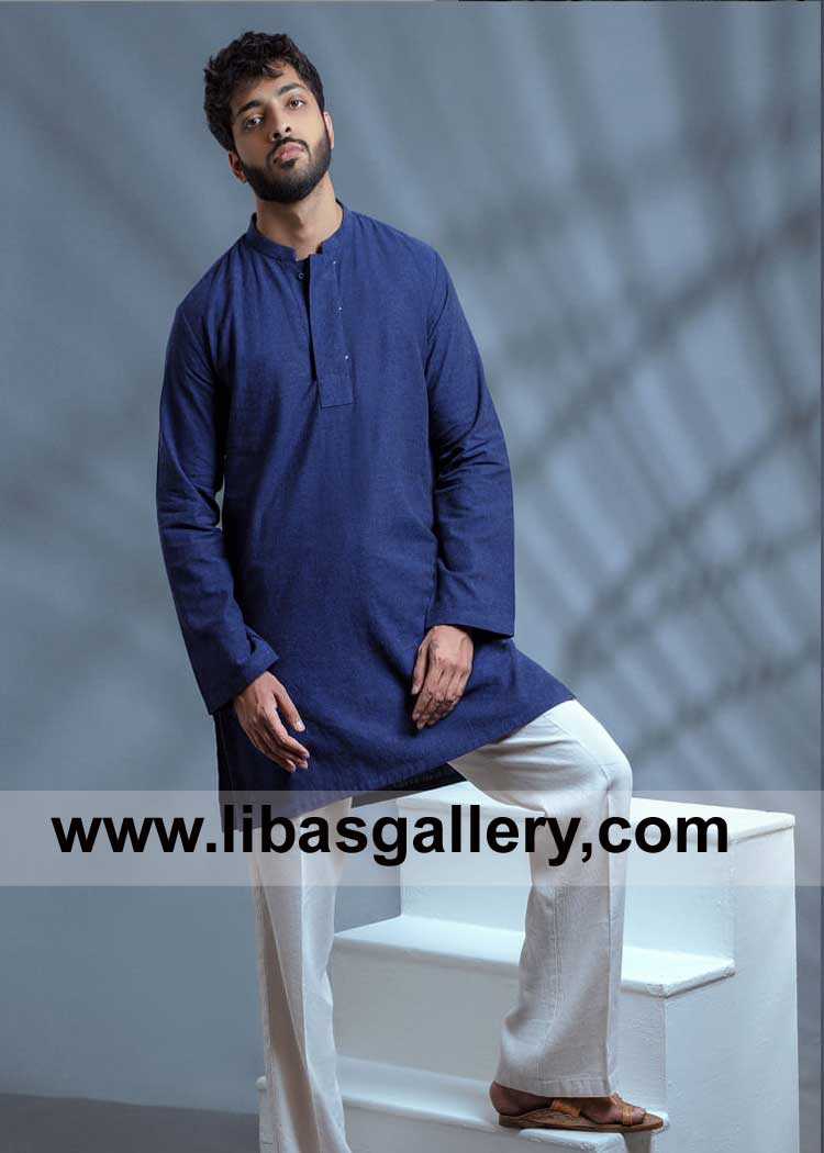 Royal Blue Short length Men kurta with off white Trouser to wear on Eid and party gathering soft fabric elegant style UK USA Dubai