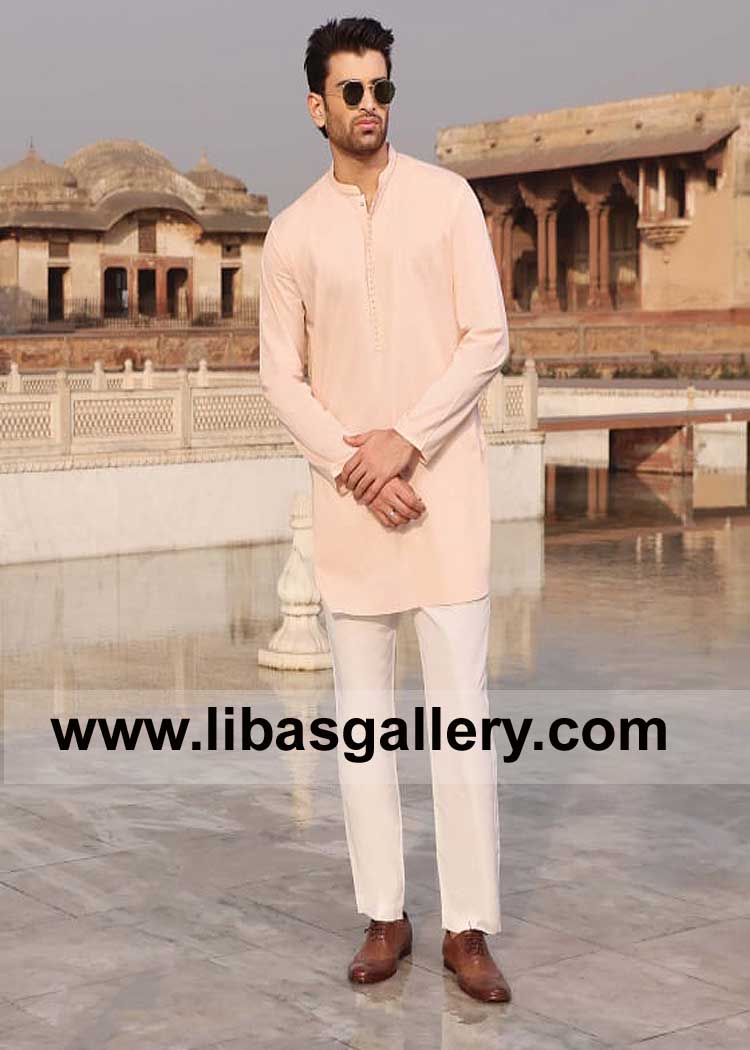Loop buttons Round Sleeves Peach Men Kurta with White Trouser for Eid and Family Gathering soft imported fabric Germany France Qatar Saudi Arabia Kuwait