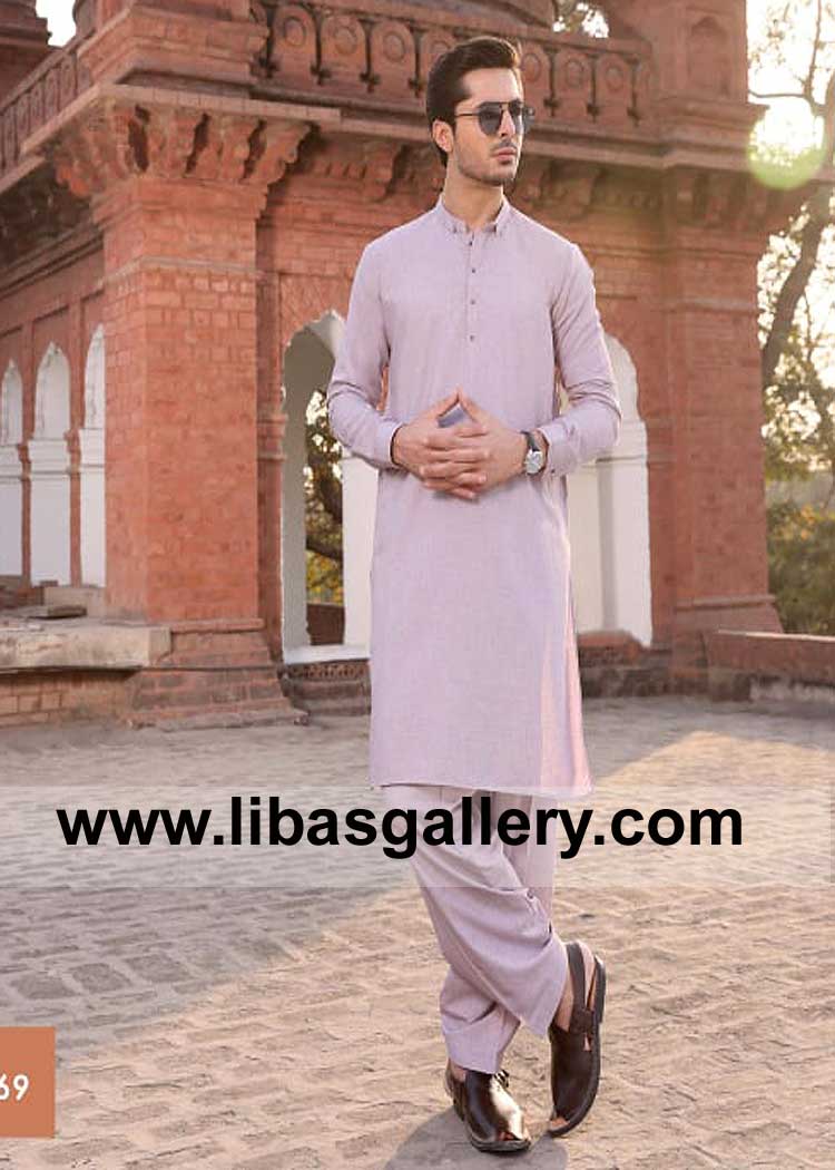 Slim fit Style Purple shade Men Kurta Pajama Suit for Eid and cultural party with friends available in Small to XXL sizes UK USA Canada Australia Dubai