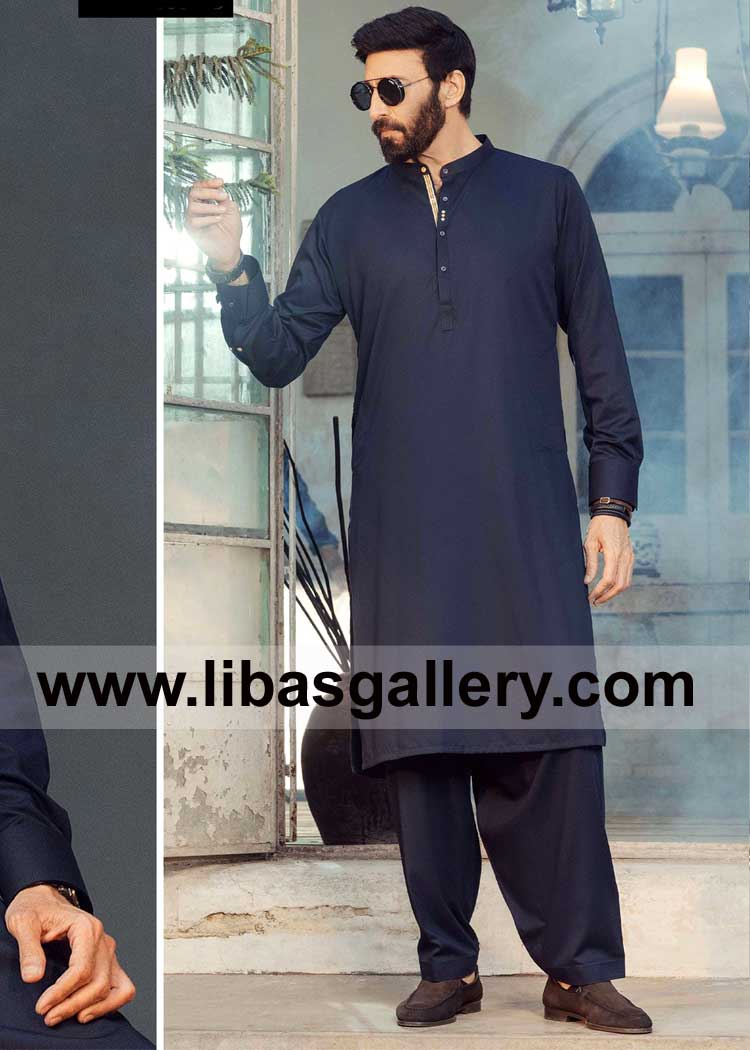 Aijaz Aslam in Men Blue Kurta Premium Quality designing on Collar Patti and Cuff Sleeves paired with Shalwar of same color and fabric Australia UK USA
