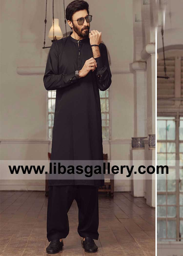 Men Black Kurta Shalwar Exclusive Style and Stitching Aijaz Aslam Carrying Cuff Sleeves Kurta and same color wash n wear fabric shalwar Europe Asia South Africa