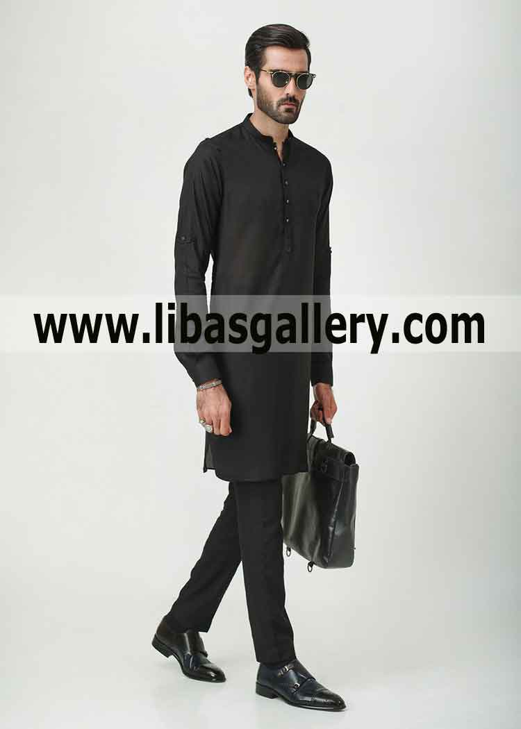 hasnain lehri modeling for black kurta pajama article with sleeves fold option by button small medium large XL sizes chicago texas usa