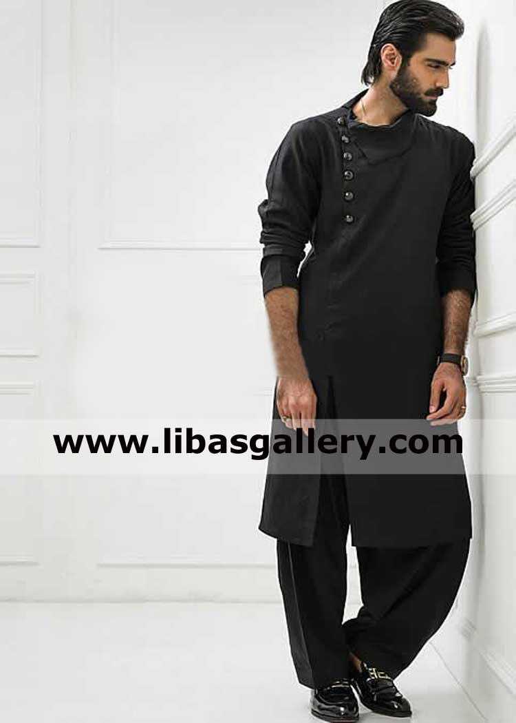 Hasnain lehri in Angrakha neck style black designer gents kurta shalwar ensemble best dress for hot summer weather qatar saudi arabia pakistan