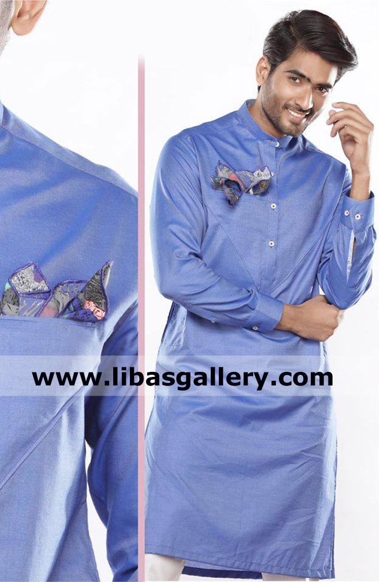 purplish blue pakistani kurta suit with kurta collar and kameez cuff style for gents daily wear and party uk usa canada