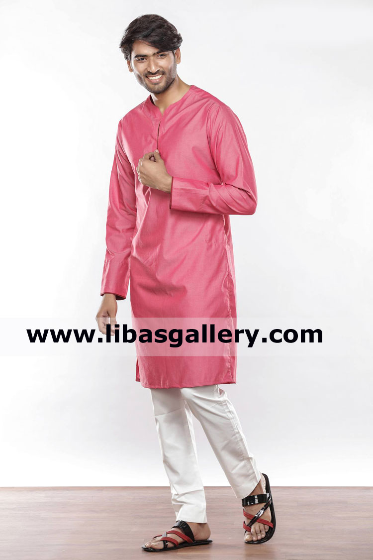french rose color gents kurta without collar new style cotton silk and wash n wear fabric expert tailor hand stitching qatar saudi arabia dubai