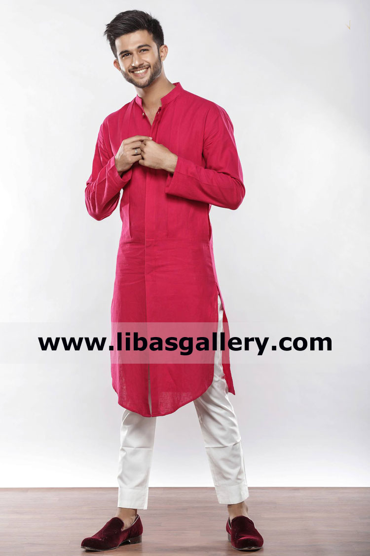 red pakistani kurta front open slit style new look for modern type youth and gents compliment with white pajama comfortable pakistani national dress uk usa canada