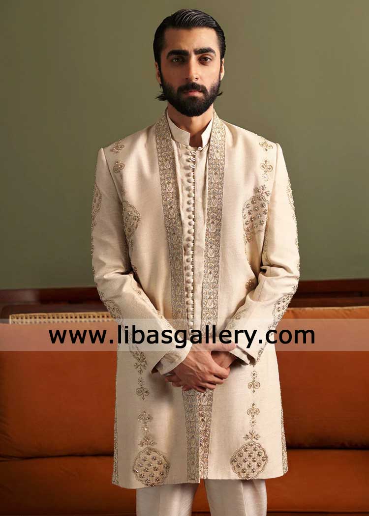 Oat Color Groom Open Wedding Sherwani with Gold and Pearl hand embellishment with sherwani style inner kurta Edmonton Edinburgh Illinois