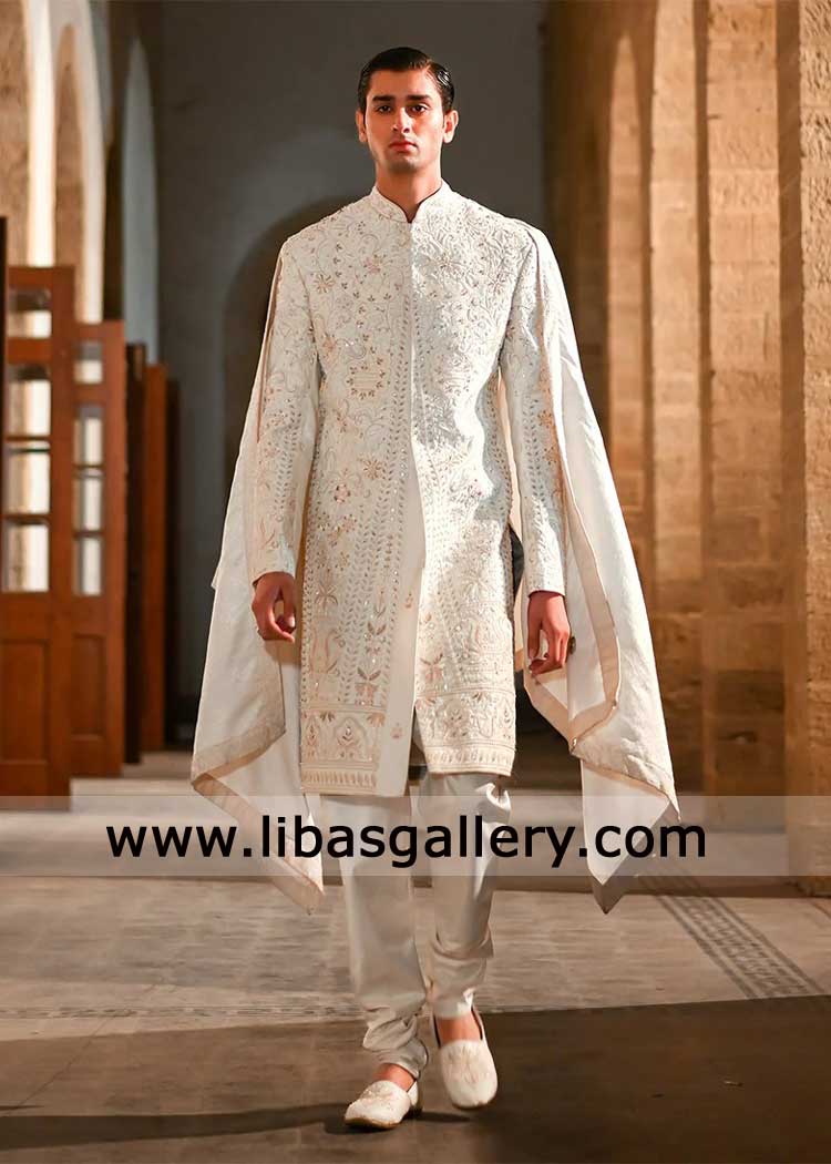 Off White Floral Embroidered pattern sherwani with cut dana Zardozi hand work paired with matching kurta Shawl Shoes UK USA Canada Dubai