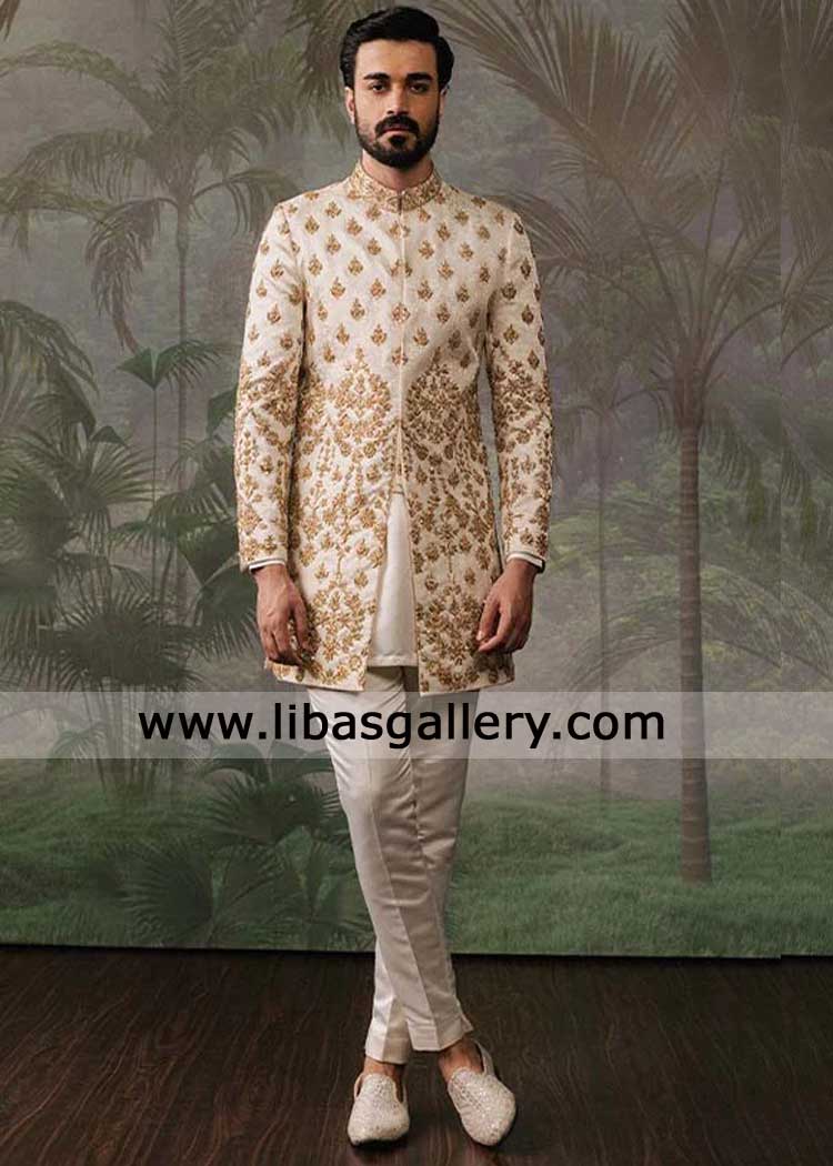 Luxury Off White Jacquard Embroidered Short Sherwani for Groom Nikah | Libas Gallery raw silk kurta trousers UK USA Australia Dubai Canada