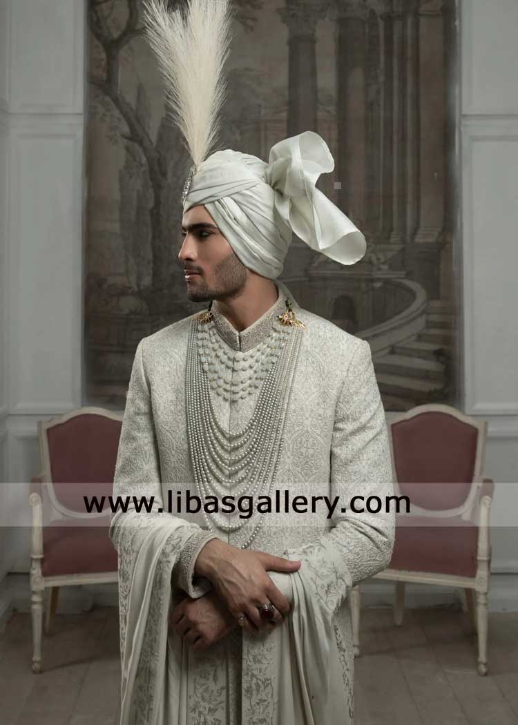 off white Lavish style groom wedding turban with shamla and brooch to enhance groom regal presence on nikah Montreal Abu dhabi Bristol USA