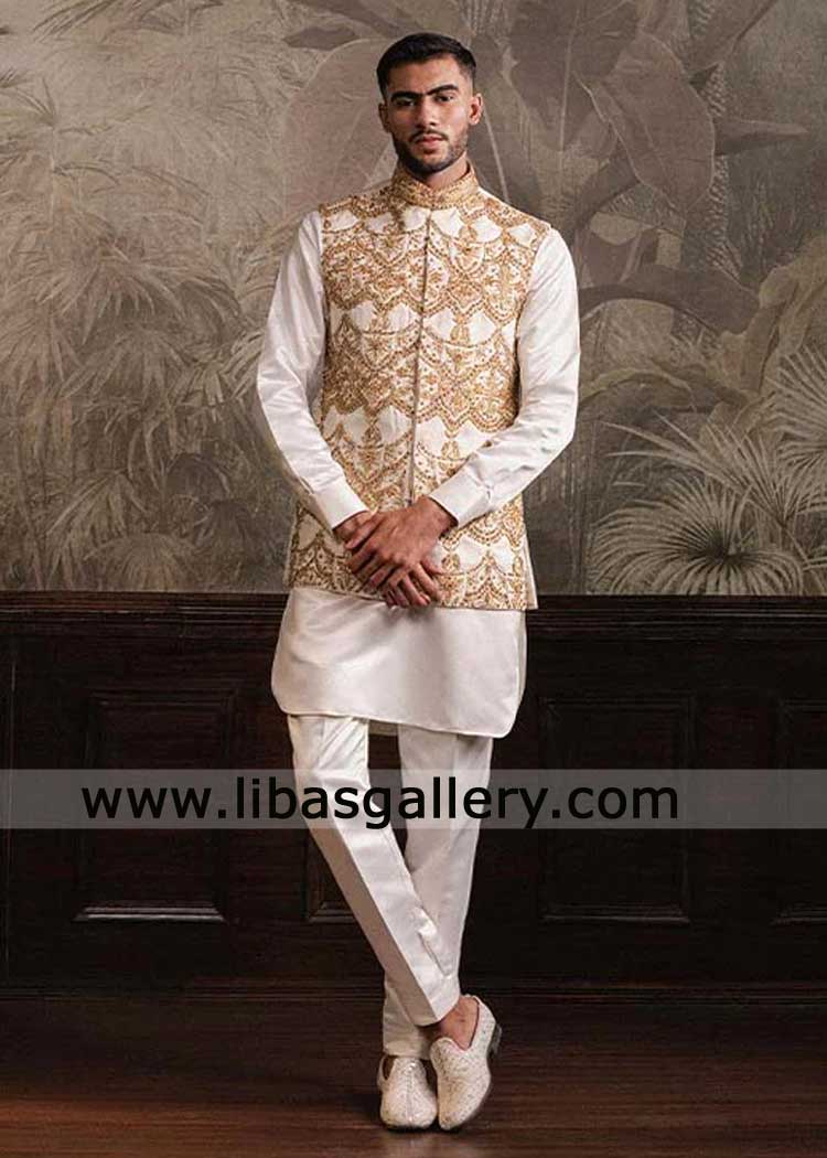 off white waistcoat with gold embroidery London UK off white and gold embroidered waistcoat with kurta pajama off white waistcoat with gold embroidery London UK off white and gold embroidered waistcoat with kurta pajama