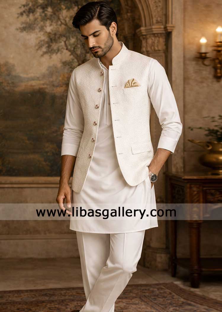off white luxury men waistcoat adorned with fancy metal buttons paired with soft kurta trousers inner to remain comfortable France UK USA Sweden